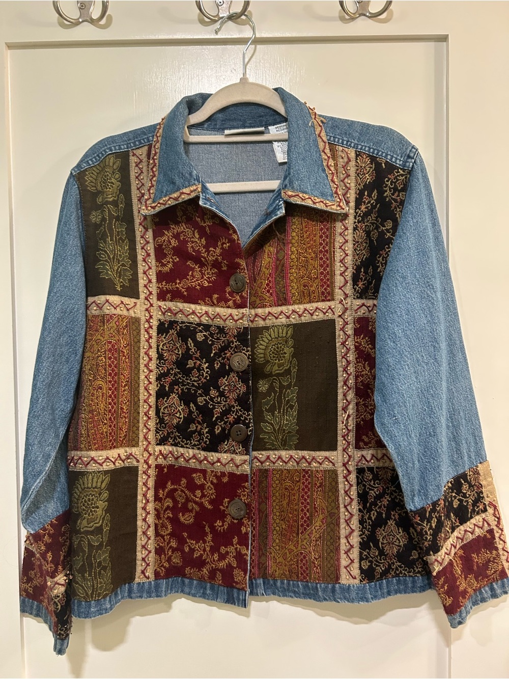 Vintage Units Patchwork Tapestry Denim Jacket M Boho Embroidered 90’s